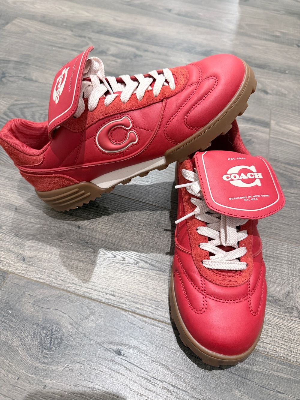 Coach Kids Red Leather & Suede C Court Sneaker